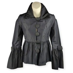 Julie Haus Black Taffeta Jacket Big Buttons Mod Victorian Sleeve Bows Peplum XS